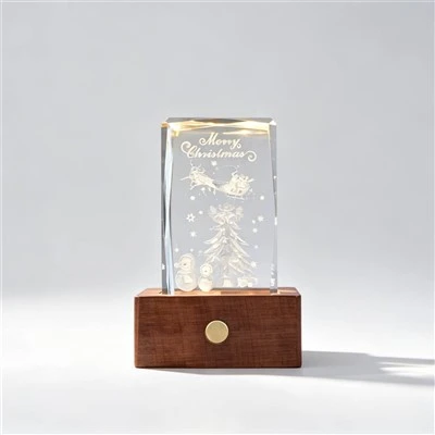 3D‑Engraved Christmas Tree Crystal Cube LED Base